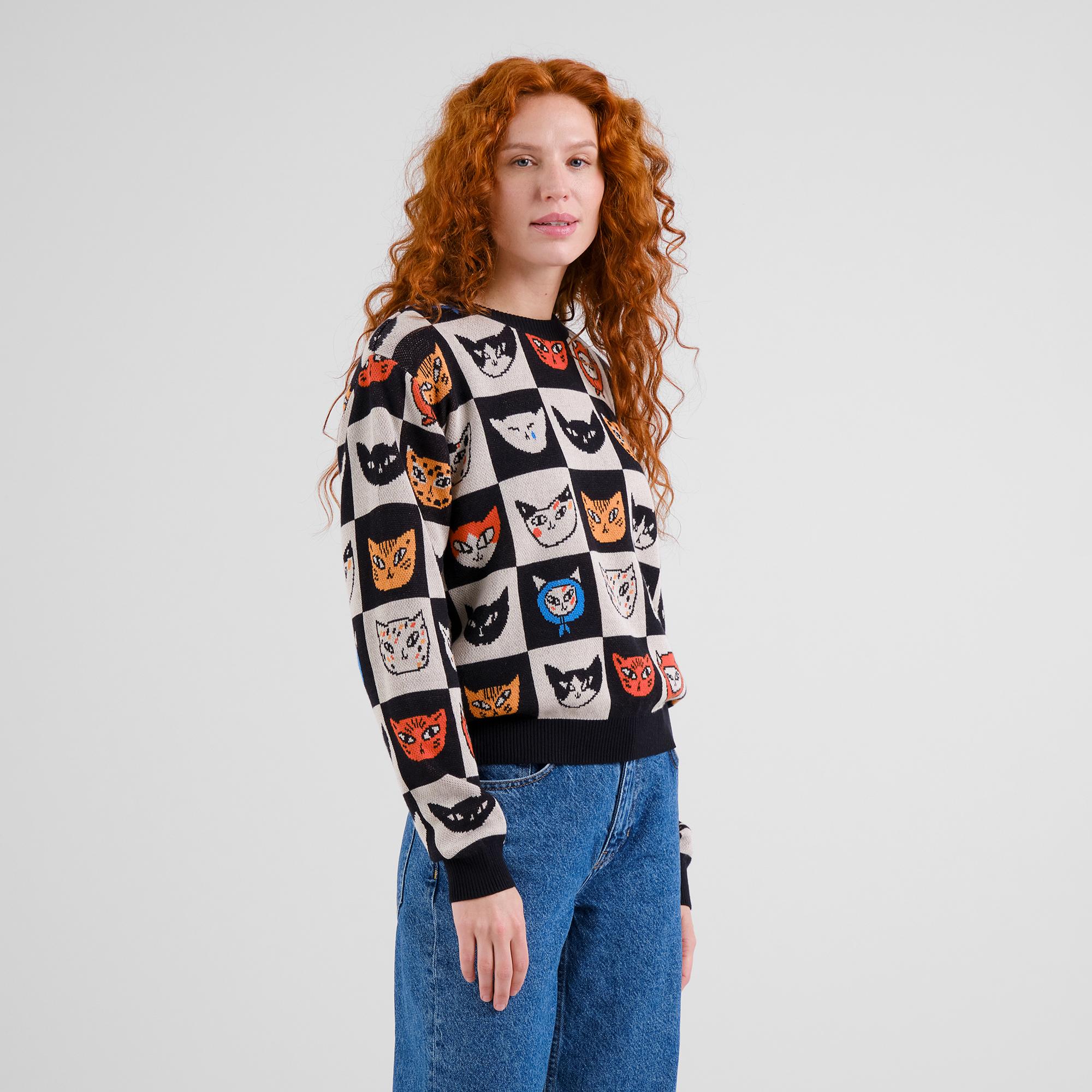 Dedicated Arendal Cat Bingo Multi Color Damen Strickpullover schwarz